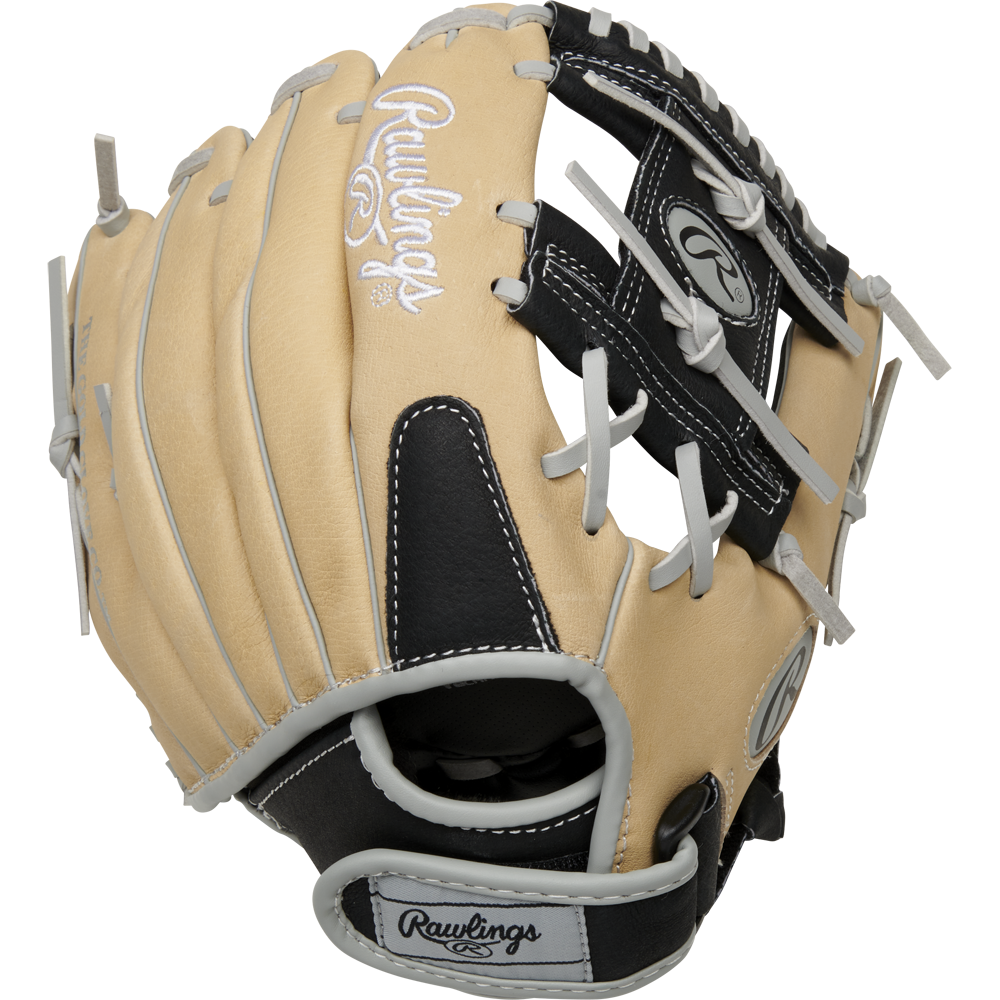 A Rawlings Sure Catch 11" Youth Baseball Glove (SC110BCI), tan and black with gray laces and Rawlings logos on the thumb and wrist strap, is shown against a plain white background.