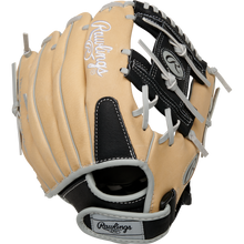A Rawlings Sure Catch 11" Youth Baseball Glove (SC110BCI), tan and black with gray laces and Rawlings logos on the thumb and wrist strap, is shown against a plain white background.