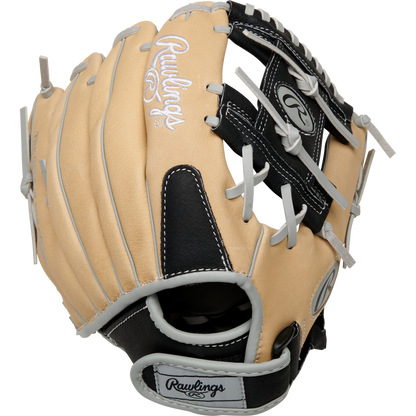 A Rawlings Sure Catch 11" Youth Baseball Glove (SC110BCI), tan and black with gray laces and Rawlings logos on the thumb and wrist strap, is shown against a plain white background.