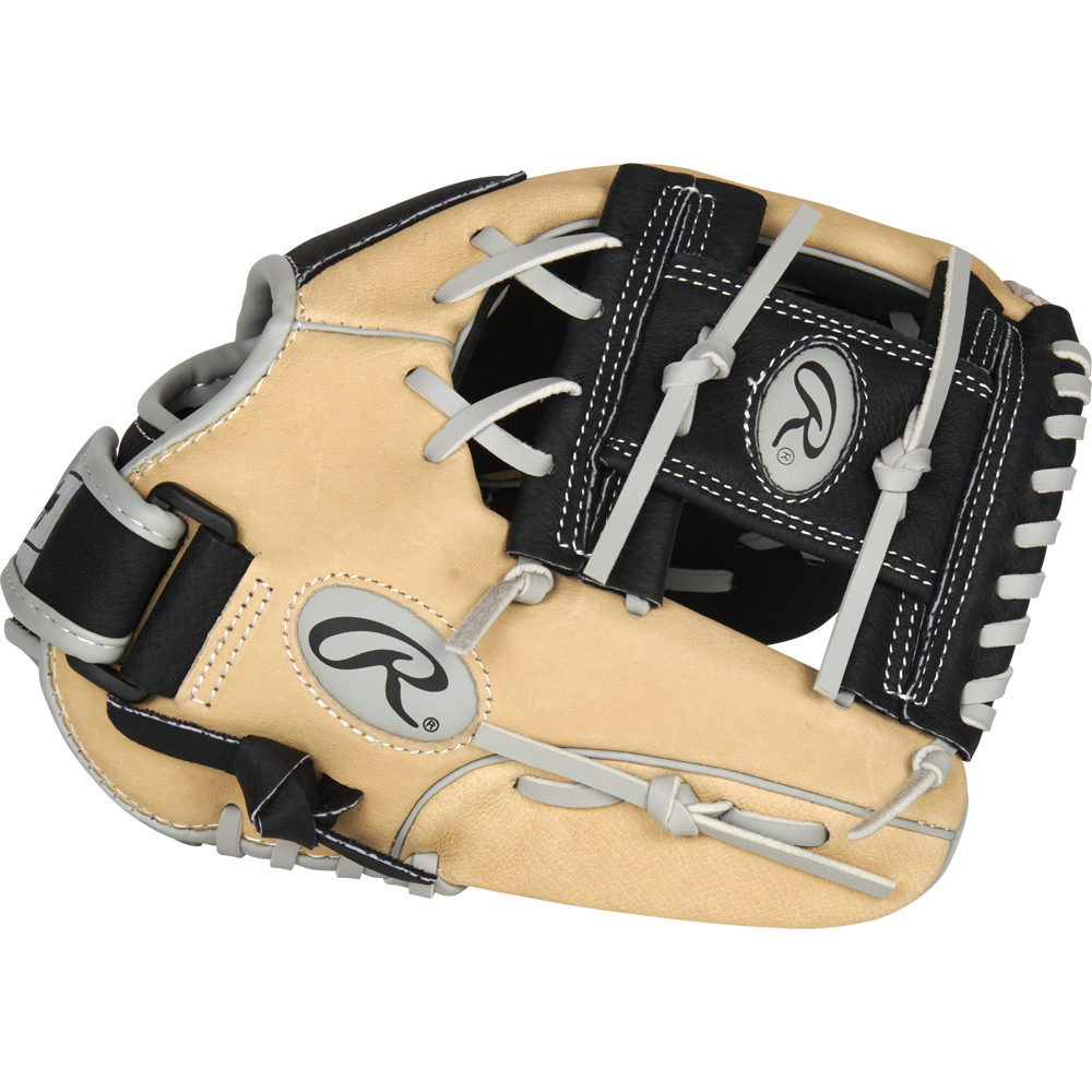 A Rawlings Sure Catch 11" Youth Baseball Glove (SC110BCI) in tan and black with gray laces is displayed against a white background.
