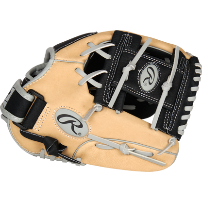 A Rawlings Sure Catch 11" Youth Baseball Glove (SC110BCI) in tan and black with gray laces is displayed against a white background.