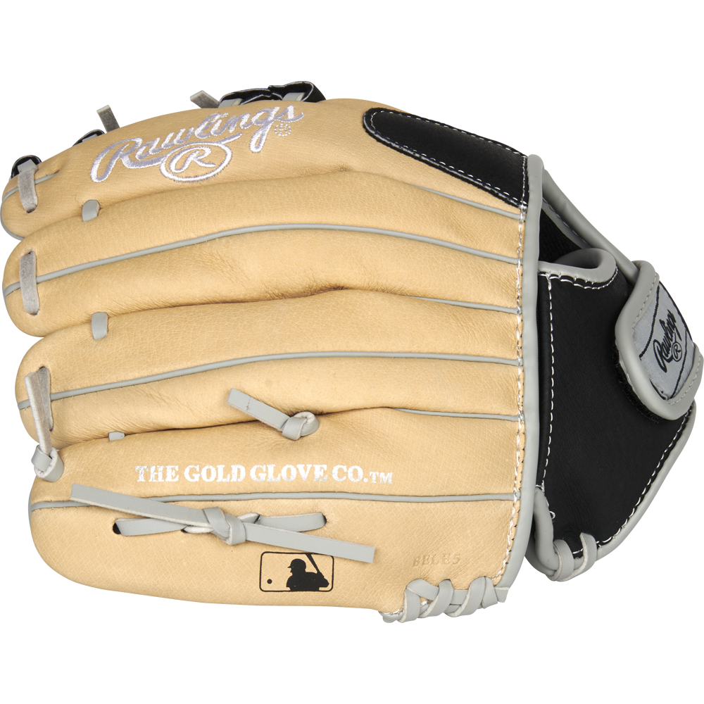 The Rawlings Sure Catch 11" Youth Baseball Glove (SC110BCI) features a tan and black design with white stitching, gray laces, “THE GOLD GLOVE CO.™” on the side, plus Rawlings and MLB logo patches near the wrist.