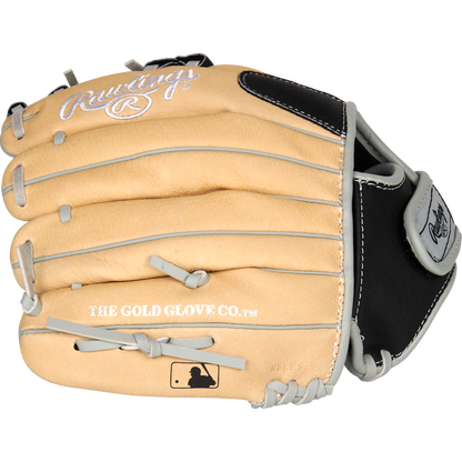 The Rawlings Sure Catch 11" Youth Baseball Glove (SC110BCI) features a tan and black design with white stitching, gray laces, “THE GOLD GLOVE CO.™” on the side, plus Rawlings and MLB logo patches near the wrist.
