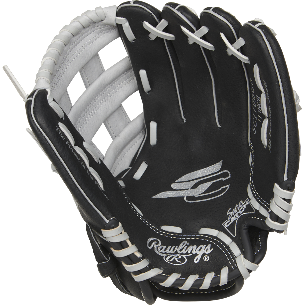The Rawlings Sure Catch 11" Youth Baseball Glove (SC110BGH) is a black glove with white laces and stitching, featuring visible Rawlings branding and logo on the palm.