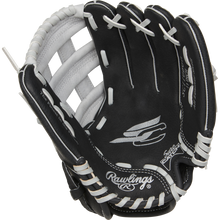 The Rawlings Sure Catch 11" Youth Baseball Glove (SC110BGH) is a black glove with white laces and stitching, featuring visible Rawlings branding and logo on the palm.