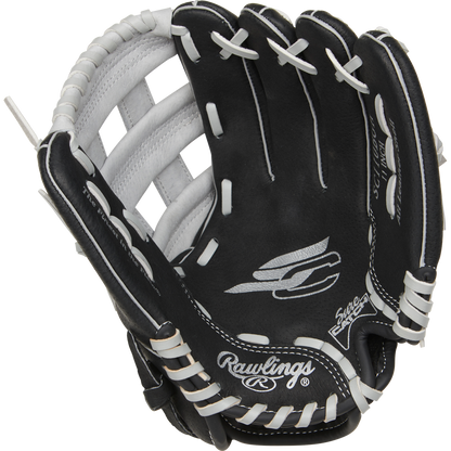 The Rawlings Sure Catch 11" Youth Baseball Glove (SC110BGH) is a black glove with white laces and stitching, featuring visible Rawlings branding and logo on the palm.