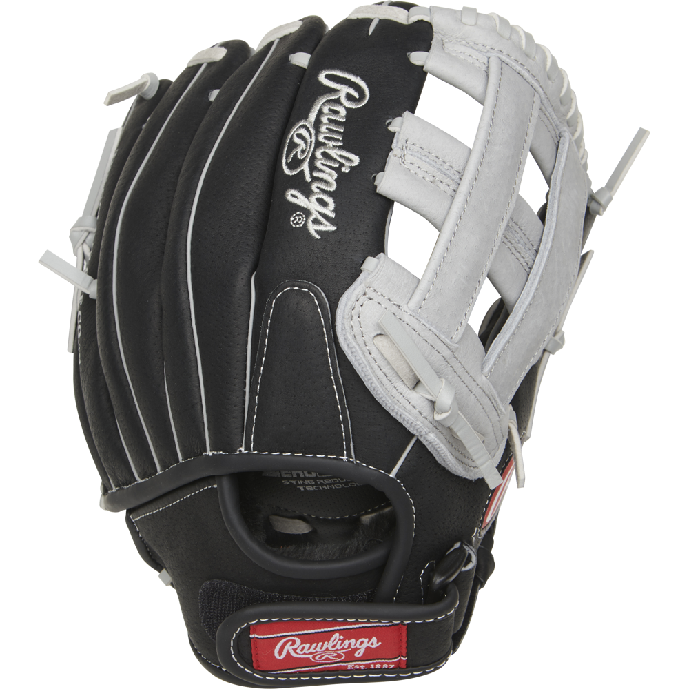 The Rawlings Sure Catch 11" Youth Baseball Glove (SC110BGH) features a black and white design, white laces, visible stitching, finger slots, webbing, and the Rawlings logo displayed on the back.
