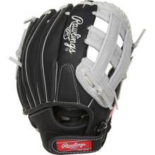 The Rawlings Sure Catch 11" Youth Baseball Glove (SC110BGH) features a black and white design, white laces, visible stitching, finger slots, webbing, and the Rawlings logo displayed on the back.