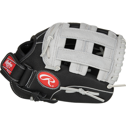 A Rawlings Sure Catch 11" Youth Baseball Glove (SC110BGH) in black and white with white laces, a red logo patch, and a webbed pocket, displayed on a plain white background.