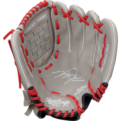The Rawlings Sure Catch 11" Mike Trout Youth Baseball Glove (SC110MT) is a tan glove with red lacing, a woven basket web, embossed branding, and signature detail inside the palm for authenticity.