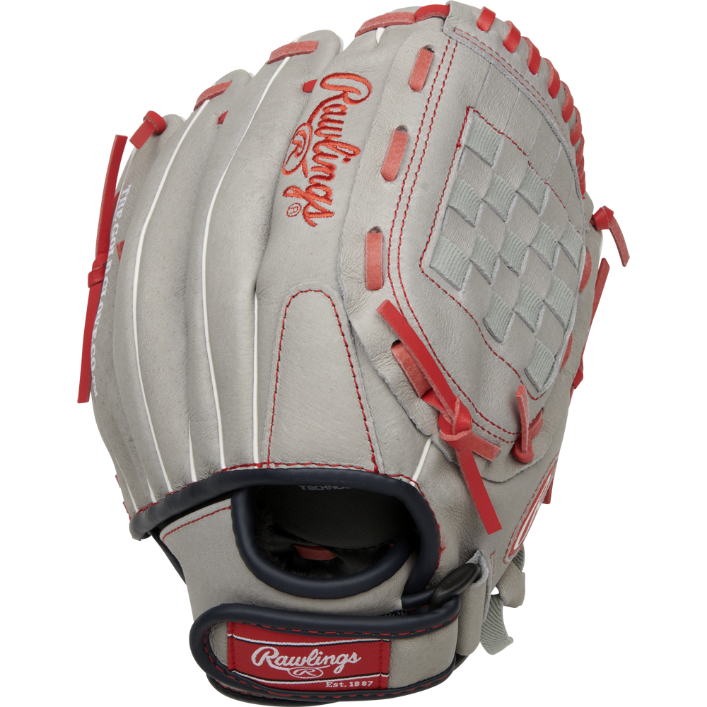 The Rawlings Sure Catch 11" Mike Trout Youth Baseball Glove (SC110MT) features gray leather, red stitching and laces, a woven web, and the Rawlings logo embroidered in red—perfect for young players.