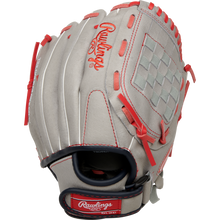 The Rawlings Sure Catch 11" Mike Trout Youth Baseball Glove (SC110MT) features gray leather, red stitching and laces, a woven web, and the Rawlings logo embroidered in red—perfect for young players.