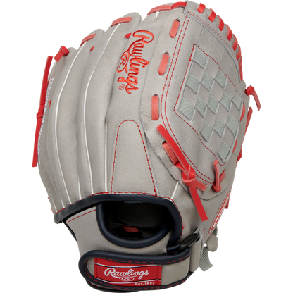 The Rawlings Sure Catch 11" Mike Trout Youth Baseball Glove (SC110MT) features gray leather, red stitching and laces, a woven web, and the Rawlings logo embroidered in red—perfect for young players.