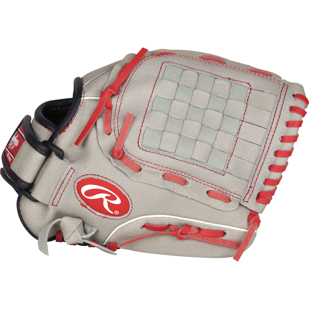 The Rawlings Sure Catch 11" Mike Trout Youth Baseball Glove (SC110MT) features tan leather, red laces, a woven web, and a red and white Rawlings logo—showcasing the quality of the Sure Catch series.