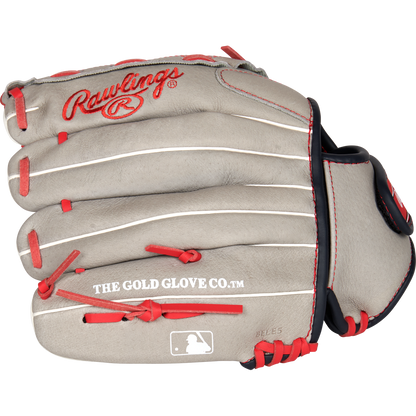 The Rawlings Sure Catch 11" Mike Trout Youth Baseball Glove (SC110MT) features a tan design with red stitching, white accents, and logos including THE GOLD GLOVE CO. and MLB printed on the thumb area.