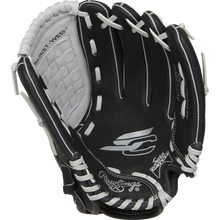 The Rawlings Sure Catch 11.5" Youth Baseball Glove (SC115BGB) features a black and white design, Basket Web, visible stitching, and an embroidered logo on the palm—perfect for young players with its easy-to-use Sure Catch construction.