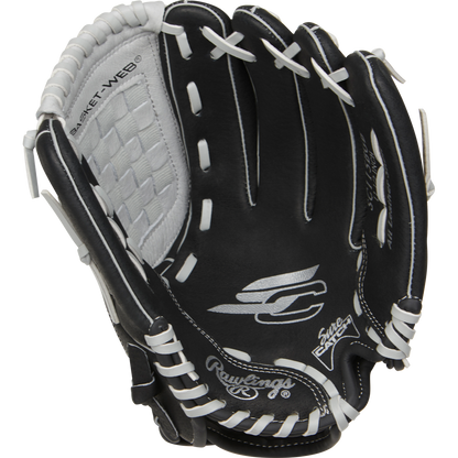 The Rawlings Sure Catch 11.5" Youth Baseball Glove (SC115BGB) features a black and white design, Basket Web, visible stitching, and an embroidered logo on the palm—perfect for young players with its easy-to-use Sure Catch construction.