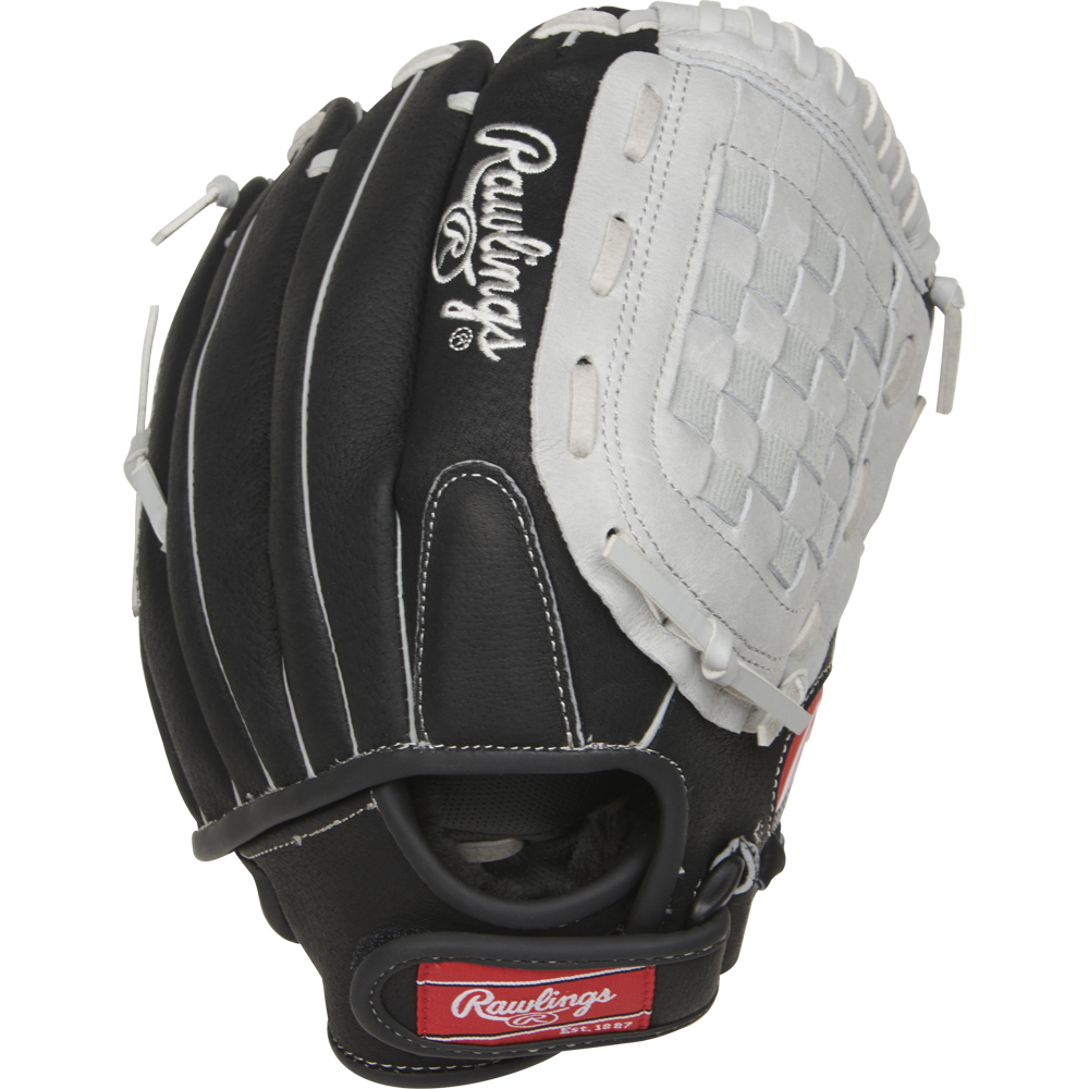 The Rawlings Sure Catch 11.5" Youth Baseball Glove (SC115BGB) features a black and white design, woven web pocket, crisp white stitching, and a red Rawlings logo patch near the wrist strap.