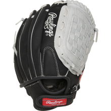 The Rawlings Sure Catch 11.5" Youth Baseball Glove (SC115BGB) features a black and white design, woven web pocket, crisp white stitching, and a red Rawlings logo patch near the wrist strap.