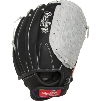The Rawlings Sure Catch 11.5" Youth Baseball Glove (SC115BGB) features a black and white design, woven web pocket, crisp white stitching, and a red Rawlings logo patch near the wrist strap.