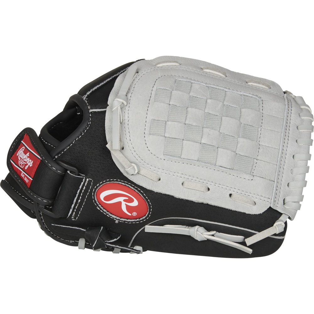 The Rawlings Sure Catch 11.5" Youth Baseball Glove (SC115BGB) features a black and white design, woven web, and a red Rawlings logo tag on the side.