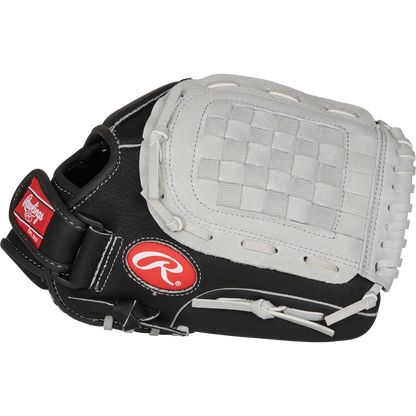 The Rawlings Sure Catch 11.5" Youth Baseball Glove (SC115BGB) features a black and white design, woven web, and a red Rawlings logo tag on the side.