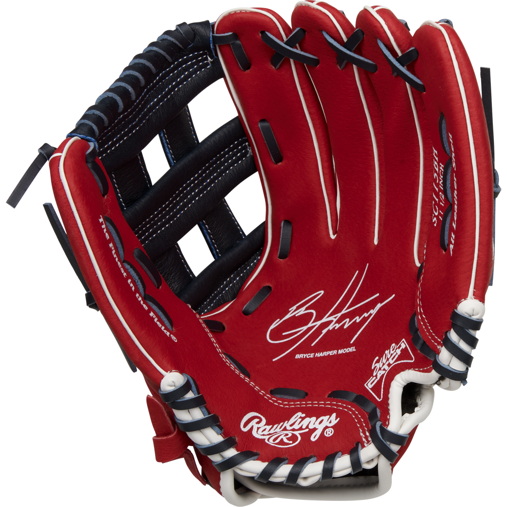 The Rawlings Sure Catch 11.5" Bryce Harper Youth Baseball Glove (SC115BH) is a red glove with black webbing, white trim, visible stitching, a white signature, and "Bryce Harper Model" on the palm.
