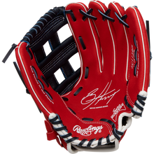 The Rawlings Sure Catch 11.5" Bryce Harper Youth Baseball Glove (SC115BH) is a red glove with black webbing, white trim, visible stitching, a white signature, and "Bryce Harper Model" on the palm.