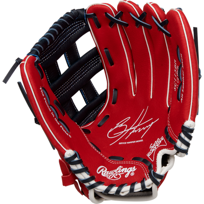 The Rawlings Sure Catch 11.5" Bryce Harper Youth Baseball Glove (SC115BH) is a red glove with black webbing, white trim, visible stitching, a white signature, and "Bryce Harper Model" on the palm.