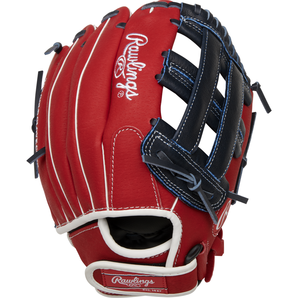 The Rawlings Sure Catch 11.5" Bryce Harper Youth Baseball Glove (SC115BH) features a red and navy blue design, white stitching, laces, and logo, basket web style, and is shown from the back.