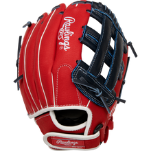 The Rawlings Sure Catch 11.5" Bryce Harper Youth Baseball Glove (SC115BH) features a red and navy blue design, white stitching, laces, and logo, basket web style, and is shown from the back.