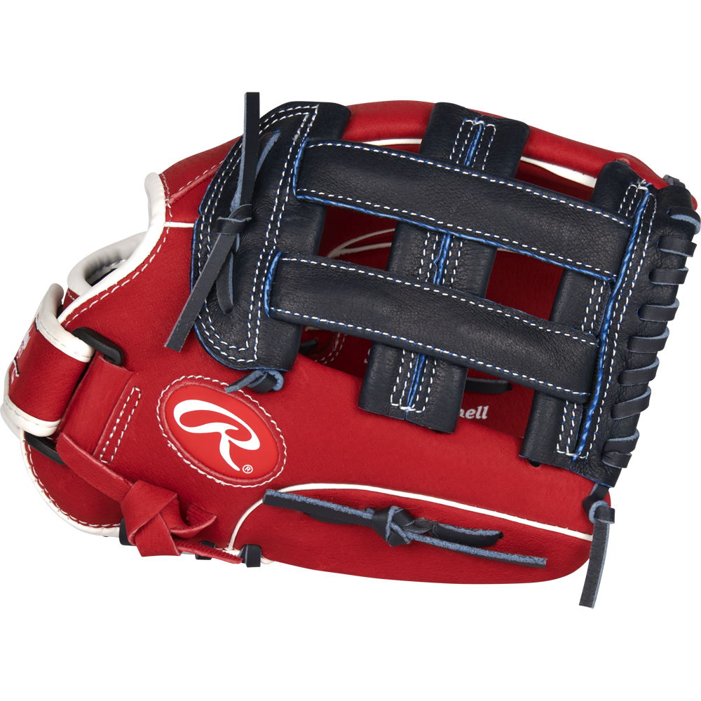 The Rawlings Sure Catch 11.5" Bryce Harper Youth Baseball Glove (SC115BH) features red and black colors with white and blue stitching, the Rawlings logo on the side, and is displayed against a plain light background.