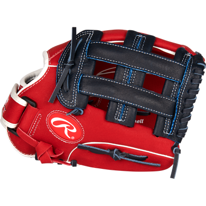 The Rawlings Sure Catch 11.5" Bryce Harper Youth Baseball Glove (SC115BH) features red and black colors with white and blue stitching, the Rawlings logo on the side, and is displayed against a plain light background.