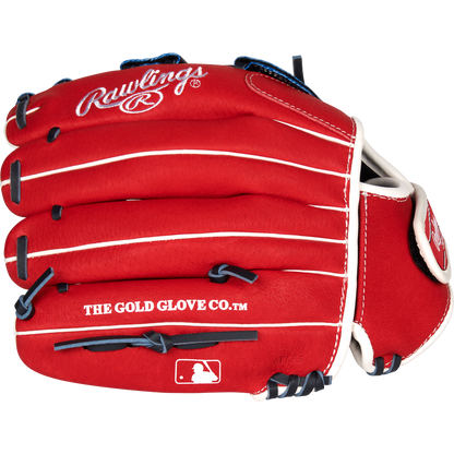 A red Rawlings Sure Catch 11.5" Bryce Harper youth baseball glove with white accents, featuring the Rawlings logo, THE GOLD GLOVE CO.™ text, and the MLB logo on the palm.
