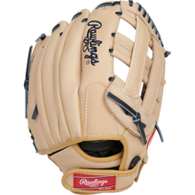 The Rawlings Sure Catch 11.5" Christian Yelich Youth Baseball Glove (SC115CY) features tan leather with black stitching and lacing, an open web, a black Rawlings logo on the back, and a red Rawlings patch near the wrist.
