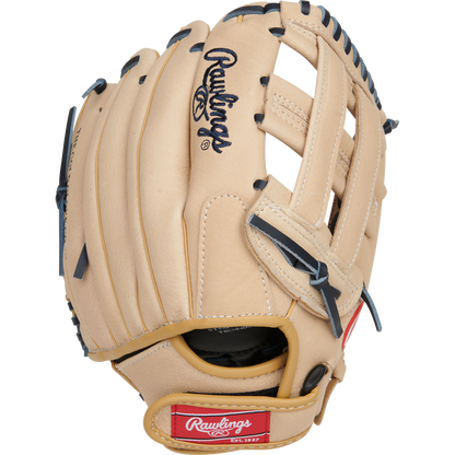 The Rawlings Sure Catch 11.5" Christian Yelich Youth Baseball Glove (SC115CY) features tan leather with black stitching and lacing, an open web, a black Rawlings logo on the back, and a red Rawlings patch near the wrist.