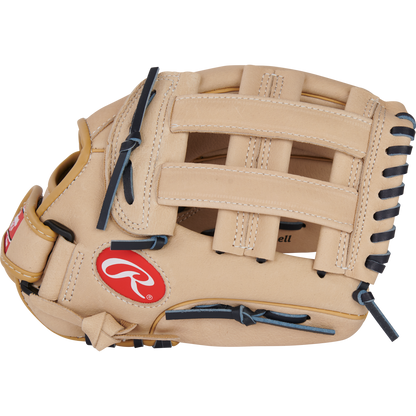 The Rawlings Sure Catch 11.5" Christian Yelich Youth Baseball Glove (SC115CY) features a tan design with black laces and a red Rawlings logo patch, shown against a plain white background.
