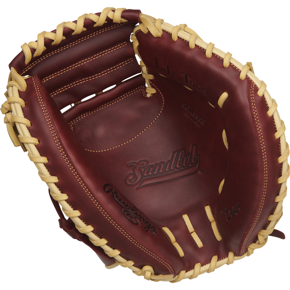 The Rawlings Sandlot 33" Baseball Catcher's Mitt (SCM33SS) features brown oiled leather with tan lacing and Sandlot branding on the palm, displayed against a plain white background.