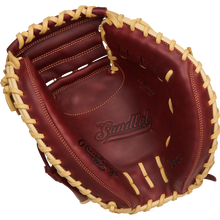 The Rawlings Sandlot 33" Baseball Catcher's Mitt (SCM33SS) features brown oiled leather with tan lacing and Sandlot branding on the palm, displayed against a plain white background.