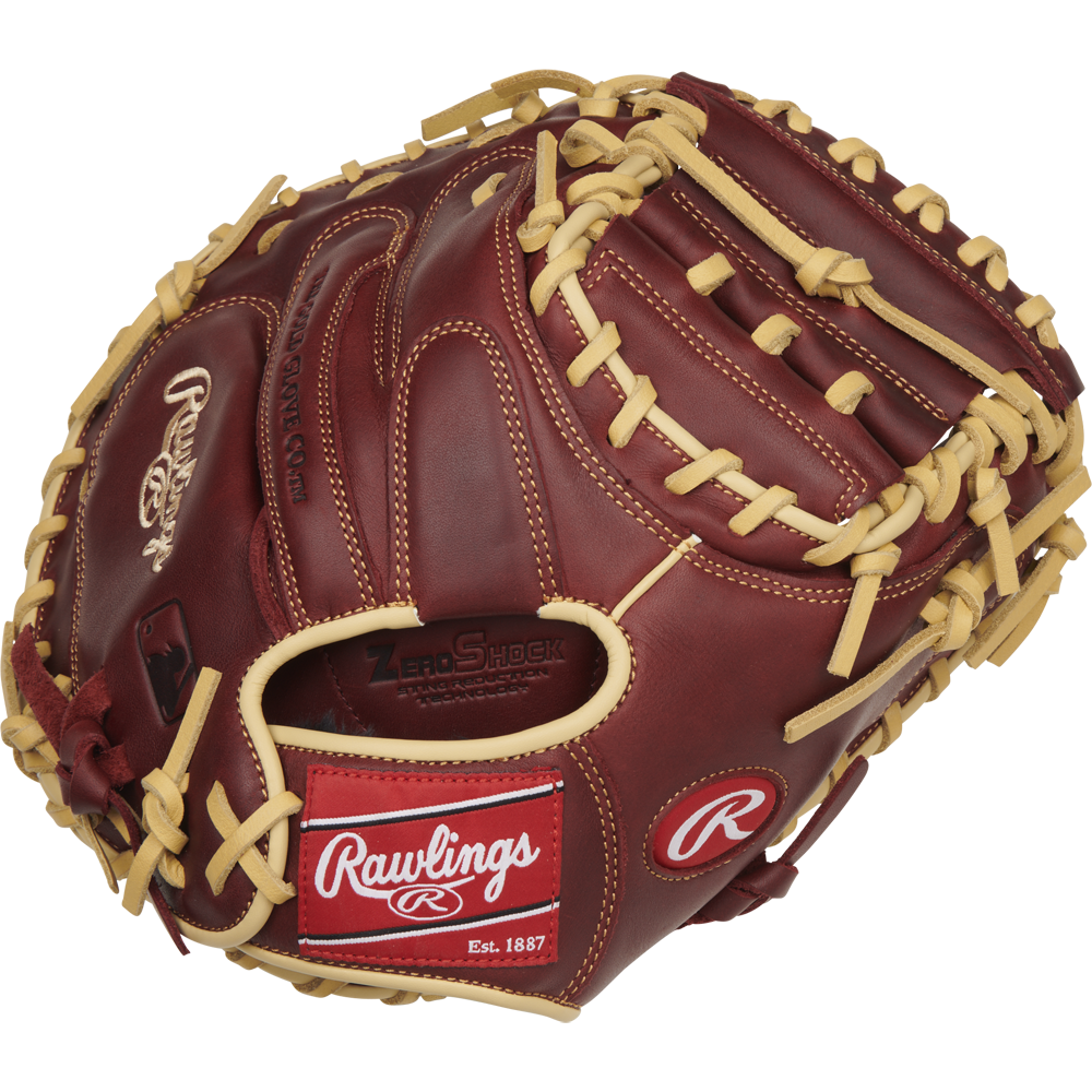 A Rawlings Sandlot 33" Baseball Catcher's Mitt (SCM33SS) in brown and tan features sturdy laces, oiled leather, and a visible Rawlings logo with a red "Rawlings Est. 1887" patch near the wrist area.