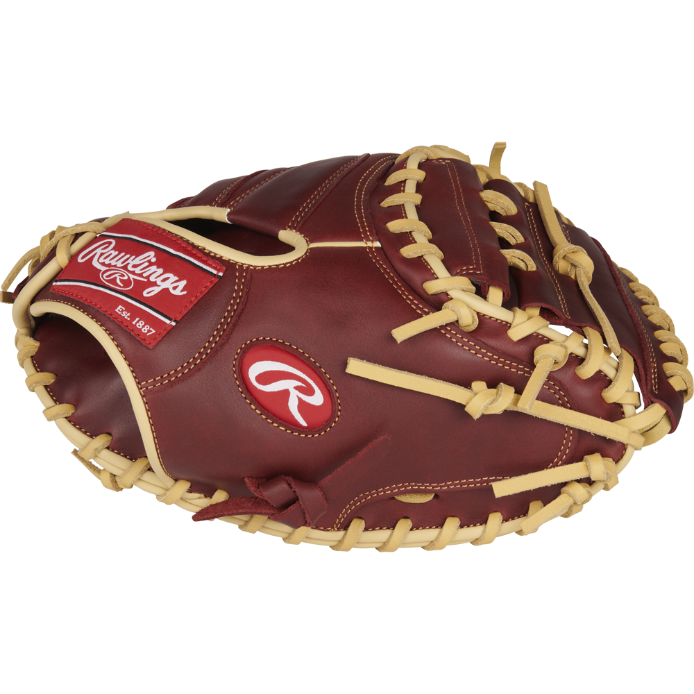 A Rawlings Sandlot 33" Baseball Catcher's Mitt (SCM33SS) by Rawlings, featuring brown oiled leather, tan laces, a red logo patch, and white stitching, is shown from the side on a plain white background.