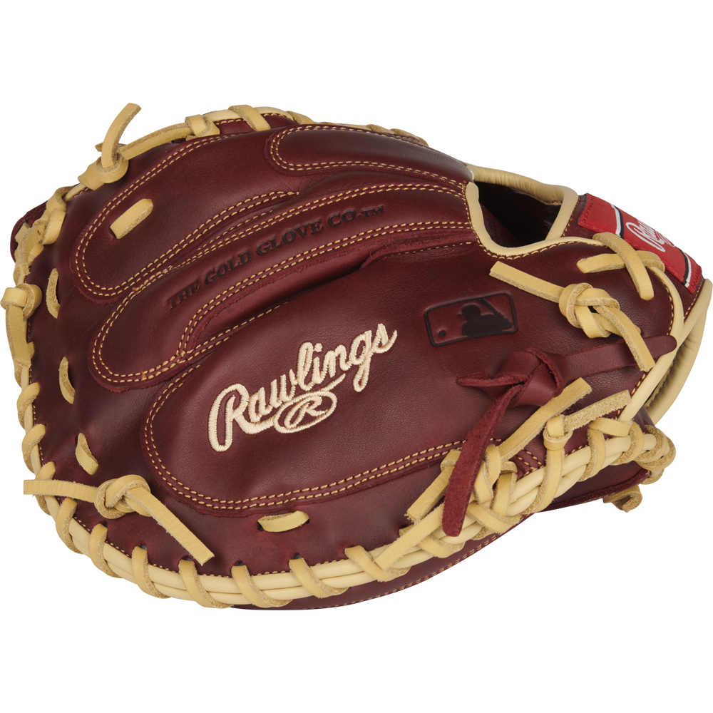 A Rawlings Sandlot 33" Baseball Catcher's Mitt (SCM33SS) in brown and tan, featuring “Rawlings” and “The Gold Glove Co.” embroidery on oiled leather, plus detailed stitching and lacing.