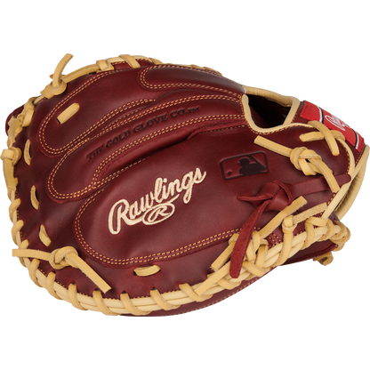 A Rawlings Sandlot 33" Baseball Catcher's Mitt (SCM33SS) in brown and tan, featuring “Rawlings” and “The Gold Glove Co.” embroidery on oiled leather, plus detailed stitching and lacing.