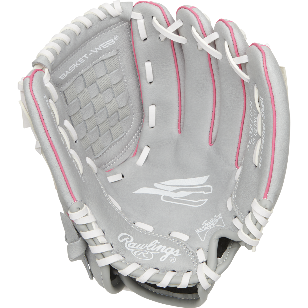 A Rawlings Sure Catch 10.5" Fastpitch Glove (SCSB105P) in gray with white lacing and pink accents, shown open with "BASKET-WEB" text on the webbing and visible brand logos inside the palm.