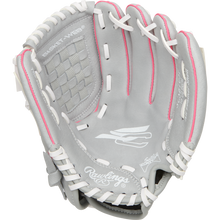 A Rawlings Sure Catch 10.5" Fastpitch Glove (SCSB105P) in gray with white lacing and pink accents, shown open with "BASKET-WEB" text on the webbing and visible brand logos inside the palm.