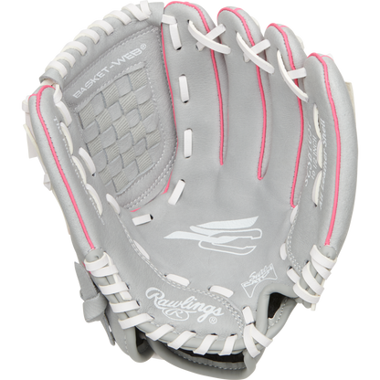 A Rawlings Sure Catch 10.5" Fastpitch Glove (SCSB105P) in gray with white lacing and pink accents, shown open with "BASKET-WEB" text on the webbing and visible brand logos inside the palm.
