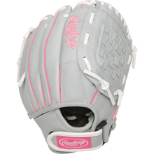 The Rawlings Sure Catch 10.5" Fastpitch Glove (SCSB105P) features a gray design with white laces, pink accents, and a pink Rawlings logo—making it perfect for youth outfielders.