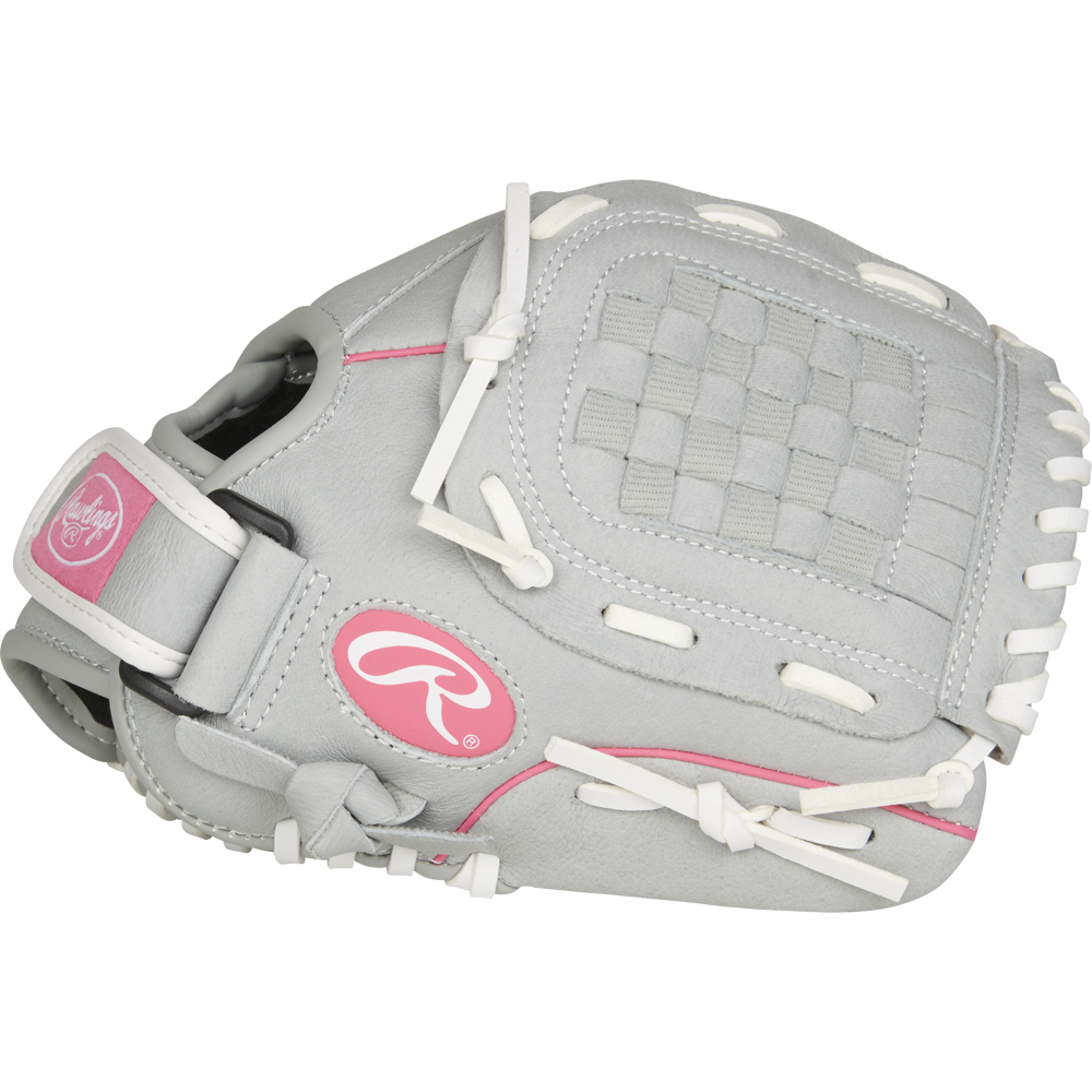 The Rawlings Sure Catch 10.5" Fastpitch Glove (SCSB105P) features a gray design with white laces, pink stitching, and pink logo accents—ideal as a youth outfield glove.