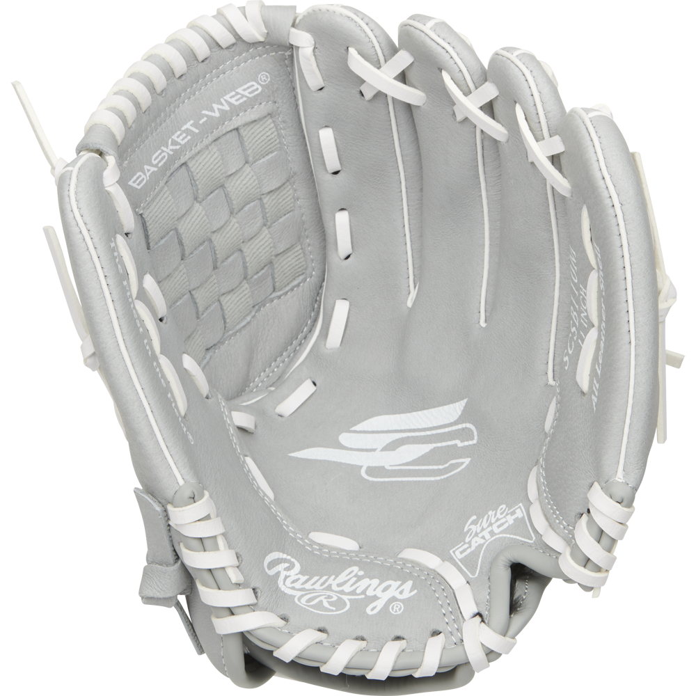 The Rawlings Sure Catch 11" Fastpitch Glove (SCSB110M) features a gray design with white laces, basket web, and silver logos. Displayed palm-up on a white background, this youth glove offers stylish performance for young players.