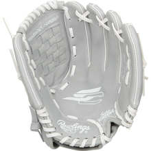 The Rawlings Sure Catch 11" Fastpitch Glove (SCSB110M) features a gray design with white laces, basket web, and silver logos. Displayed palm-up on a white background, this youth glove offers stylish performance for young players.